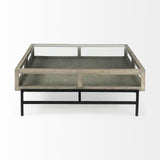 Mercana Arelius 42" Square Glass-Top Gray Wood w/ Black Metal Base Display Coffee Table