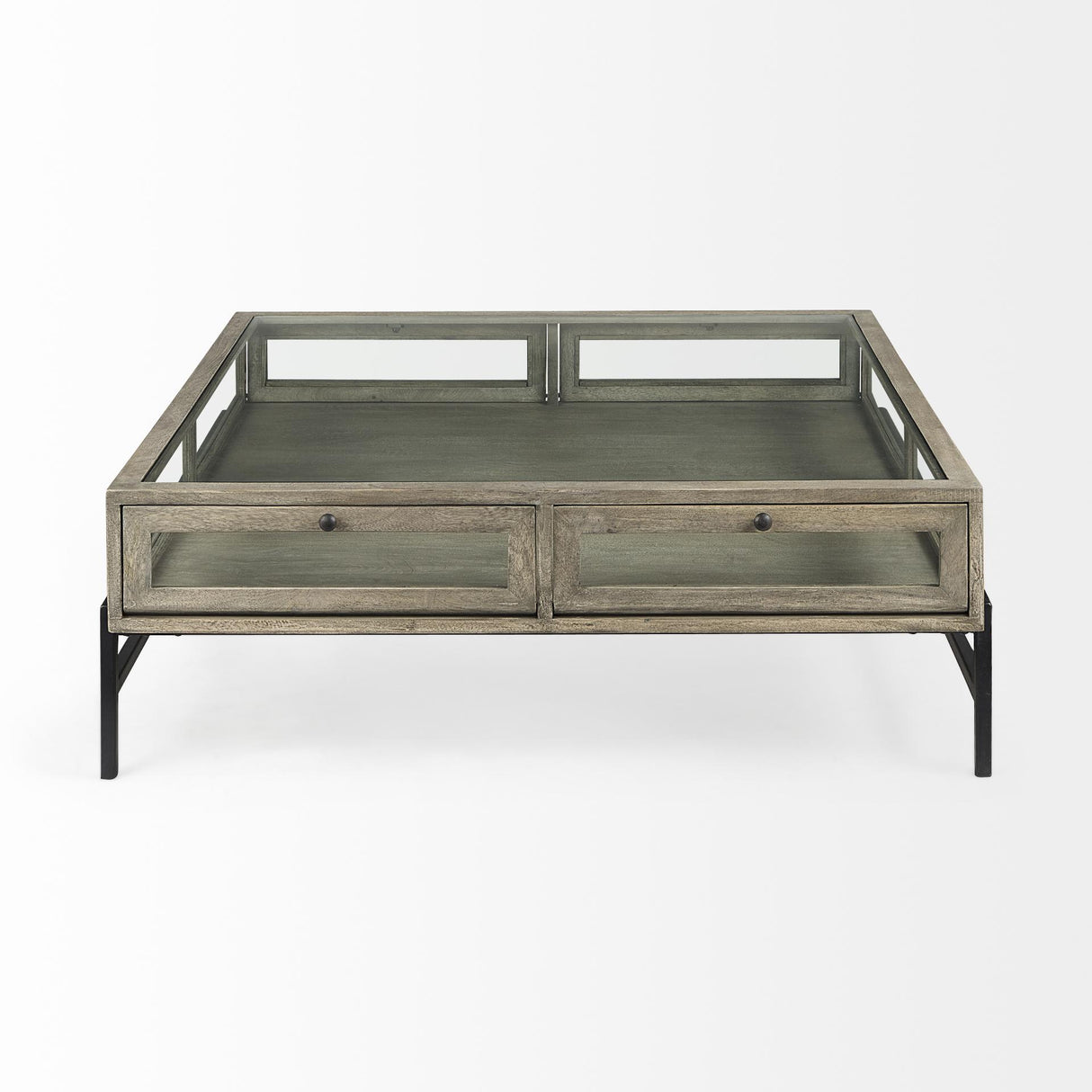 Mercana Arelius 42" Square Glass-Top Gray Wood w/ Black Metal Base Display Coffee Table