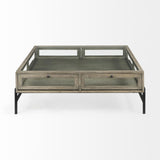 Mercana Arelius 42" Square Glass-Top Gray Wood w/ Black Metal Base Display Coffee Table