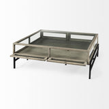 Mercana Arelius 42" Square Glass-Top Gray Wood w/ Black Metal Base Display Coffee Table