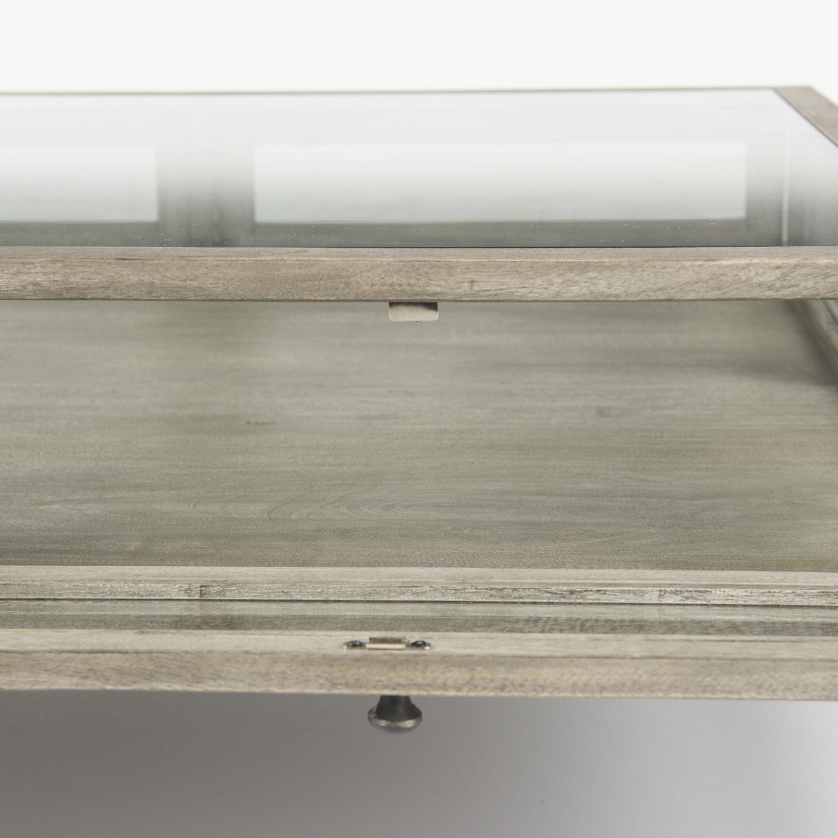 Mercana Arelius 42" Square Glass-Top Gray Wood w/ Black Metal Base Display Coffee Table