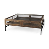 Mercana Arelius 42" Square Glass-Top Medium Brown w/ Black Metal Base Display Coffee Table