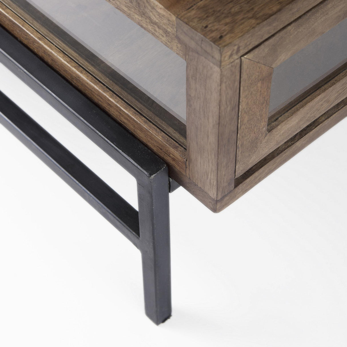 Mercana Arelius 42" Square Glass-Top Medium Brown w/ Black Metal Base Display Coffee Table