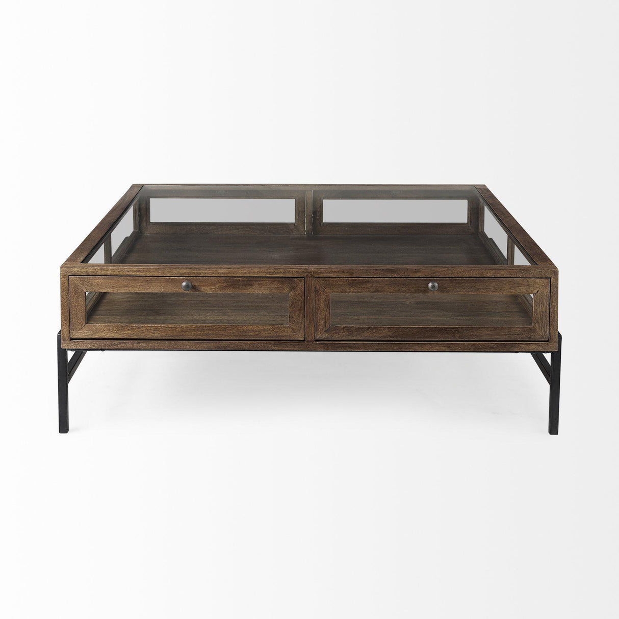 Mercana Arelius 42" Square Glass-Top Medium Brown w/ Black Metal Base Display Coffee Table