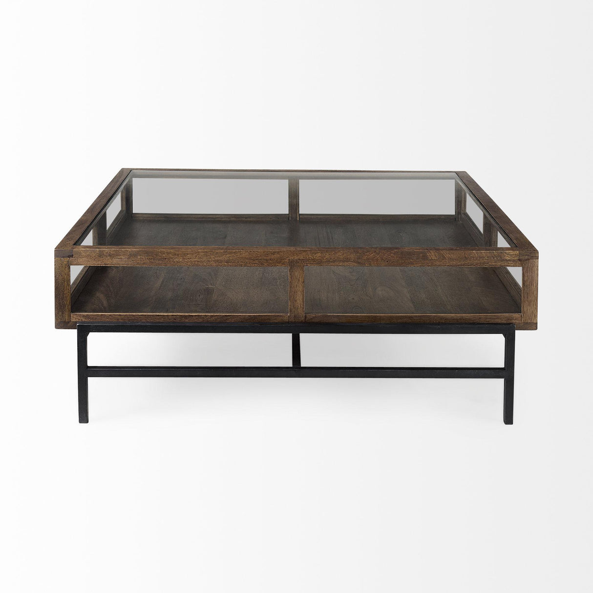Mercana Arelius 42" Square Glass-Top Medium Brown w/ Black Metal Base Display Coffee Table
