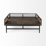 Mercana Arelius 42" Square Glass-Top Medium Brown w/ Black Metal Base Display Coffee Table