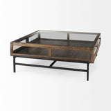 Mercana Arelius 42" Square Glass-Top Medium Brown w/ Black Metal Base Display Coffee Table