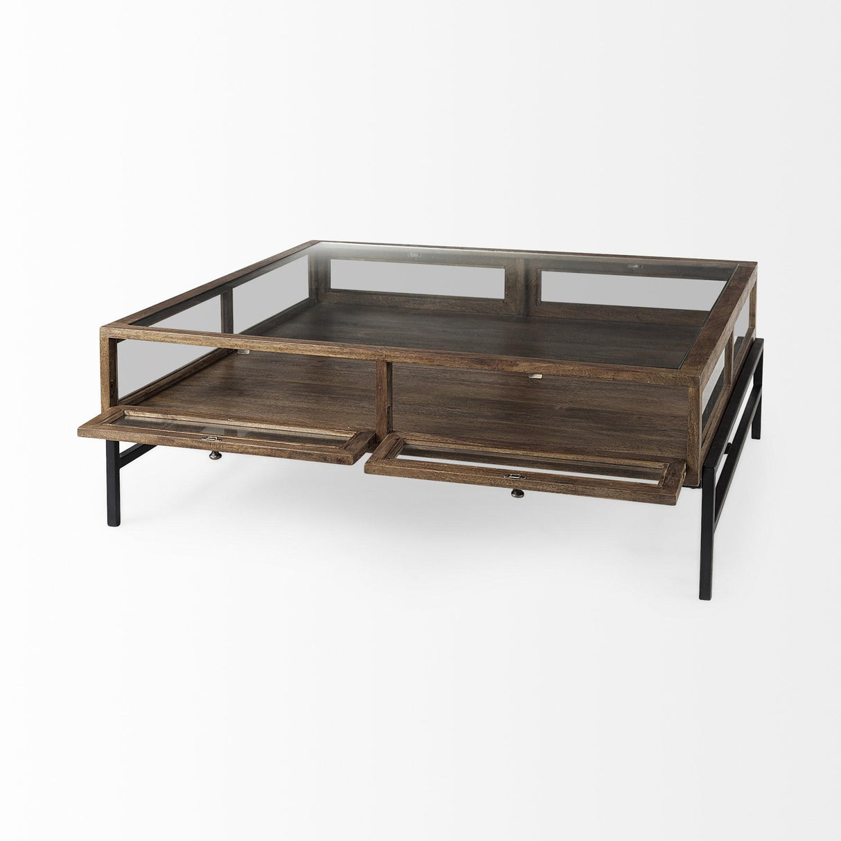 Mercana Arelius 42" Square Glass-Top Medium Brown w/ Black Metal Base Display Coffee Table