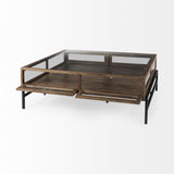 Mercana Arelius 42" Square Glass-Top Medium Brown w/ Black Metal Base Display Coffee Table
