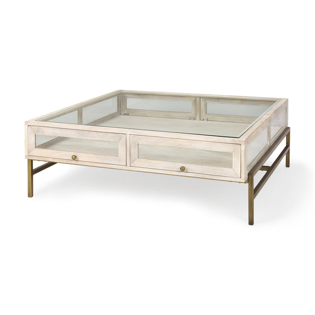 Mercana Arelius 42L x 42W x 15H White Wood W/ Gold Metal Base Square Display Coffee Table