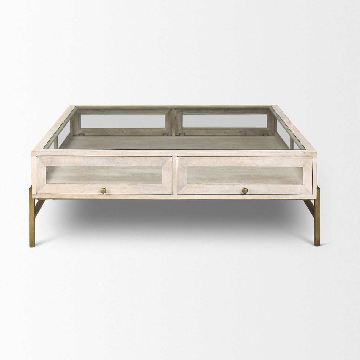 Mercana Arelius 42L x 42W x 15H White Wood W/ Gold Metal Base Square Display Coffee Table