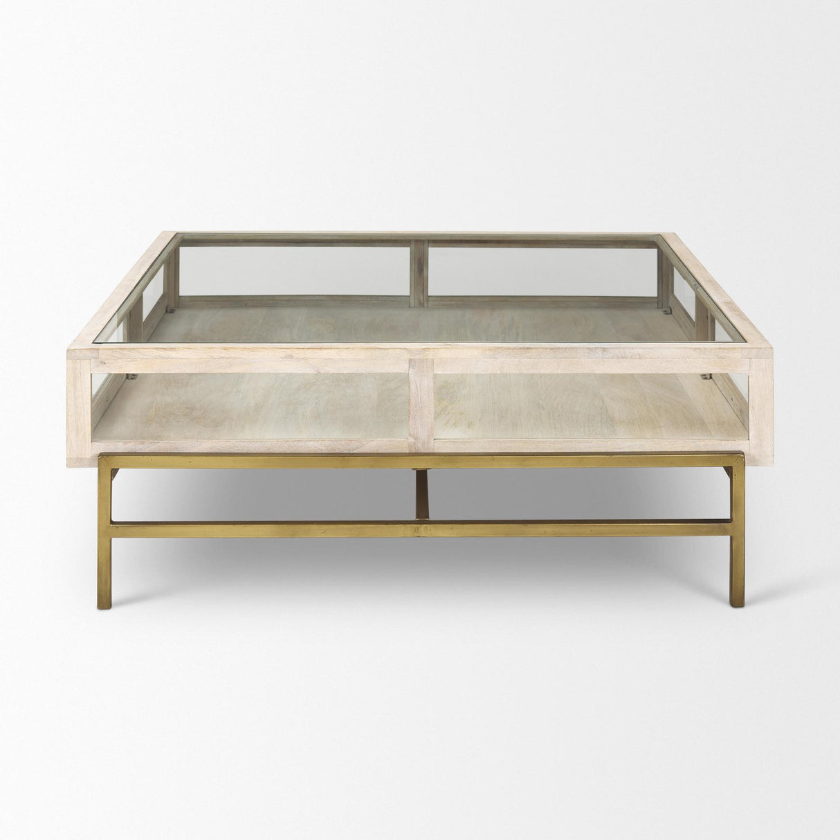 Mercana Arelius 42L x 42W x 15H White Wood W/ Gold Metal Base Square Display Coffee Table