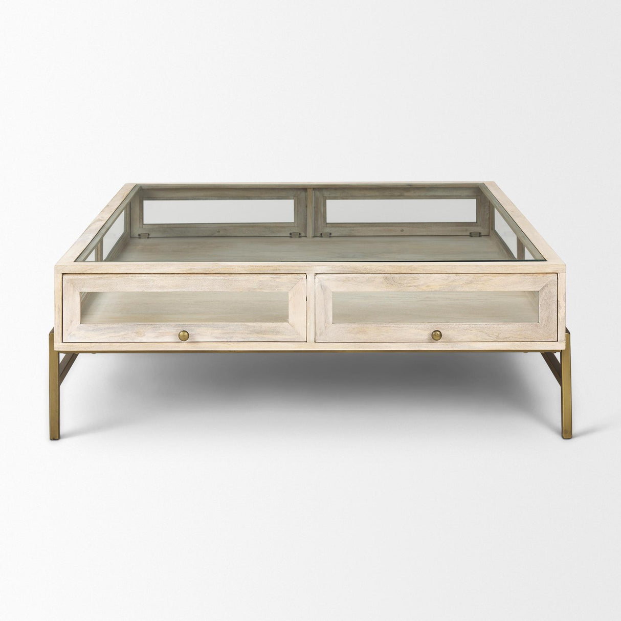 Mercana Arelius 42L x 42W x 15H White Wood W/ Gold Metal Base Square Display Coffee Table
