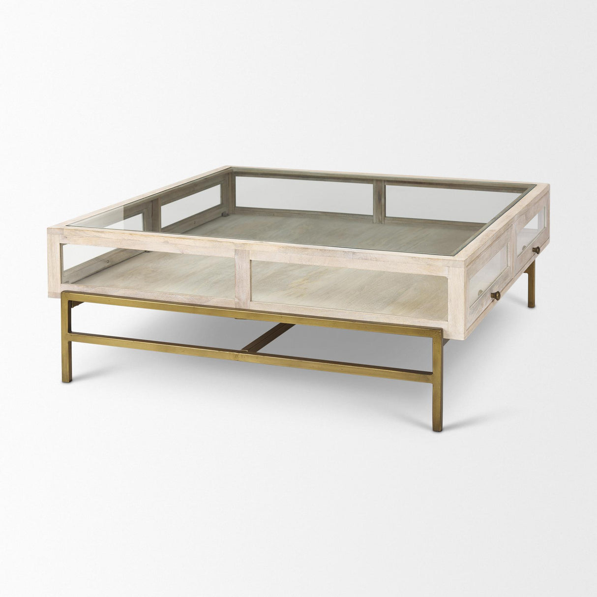 Mercana Arelius 42L x 42W x 15H White Wood W/ Gold Metal Base Square Display Coffee Table