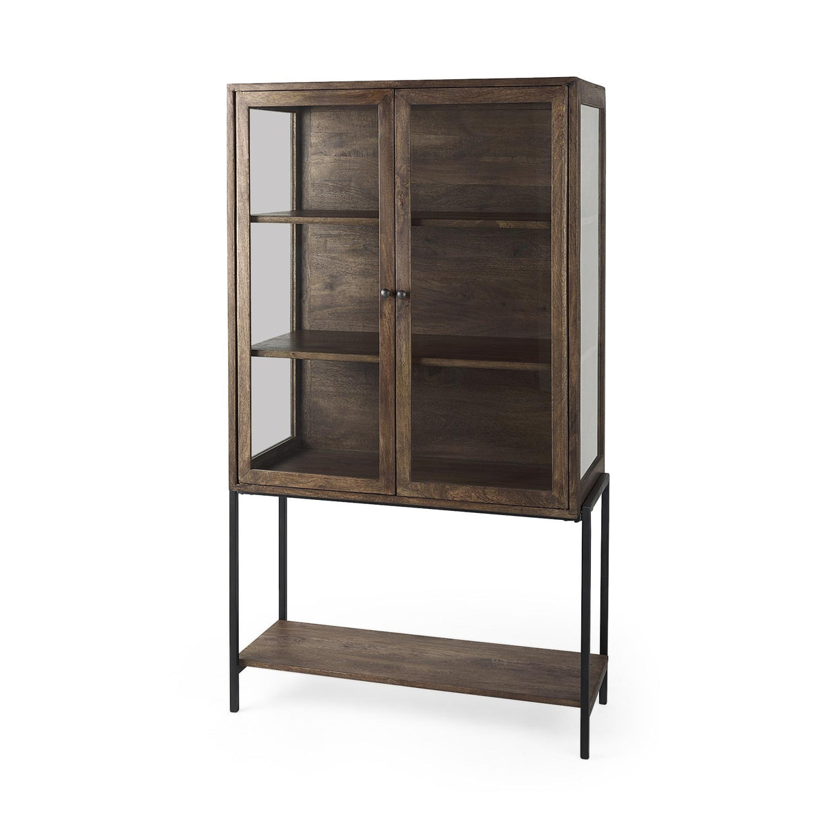 Mercana Arelius 36L x 18W x 63H Medium Brown Wood W/ Black Metal Base Display Cabinet
