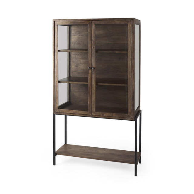 Mercana Arelius 36L x 18W x 63H Medium Brown Wood W/ Black Metal Base Display Cabinet