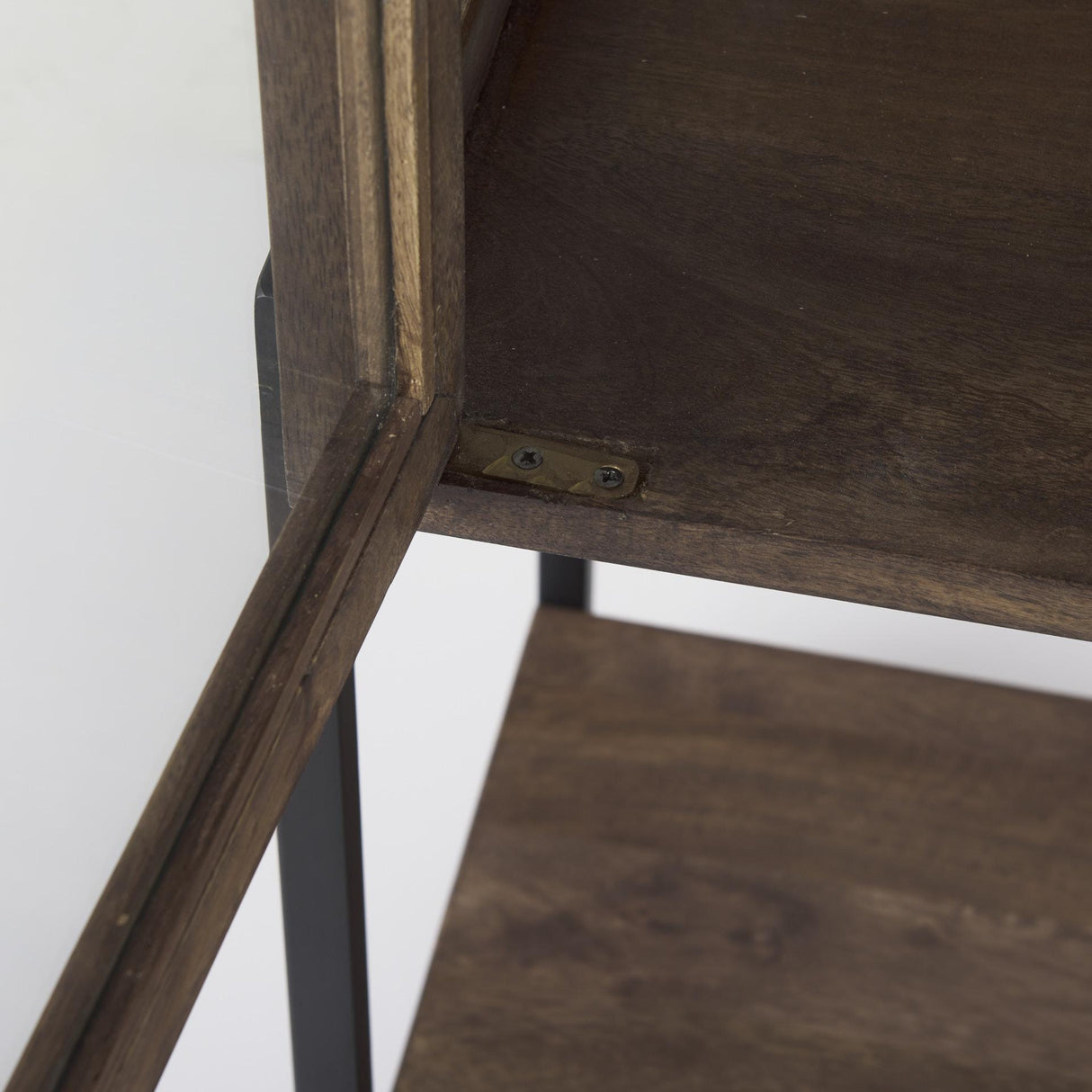 Mercana Arelius 36L x 18W x 63H Medium Brown Wood W/ Black Metal Base Display Cabinet