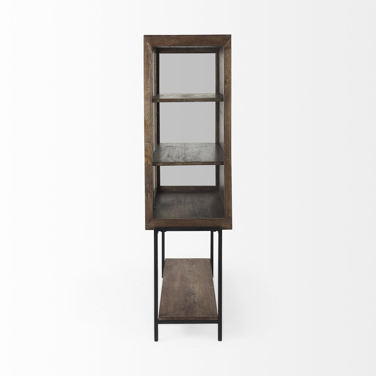 Mercana Arelius 36L x 18W x 63H Medium Brown Wood W/ Black Metal Base Display Cabinet