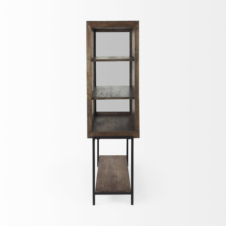 Mercana Arelius 36L x 18W x 63H Medium Brown Wood W/ Black Metal Base Display Cabinet
