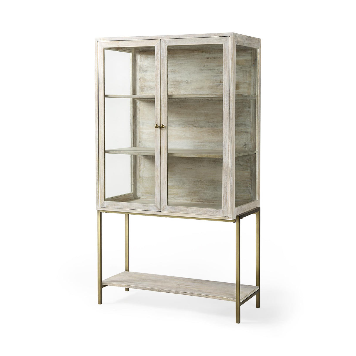Mercana Arelius 36L x 18.75W x 63H White Wood W/ Gold Metal Base Display Cabinet