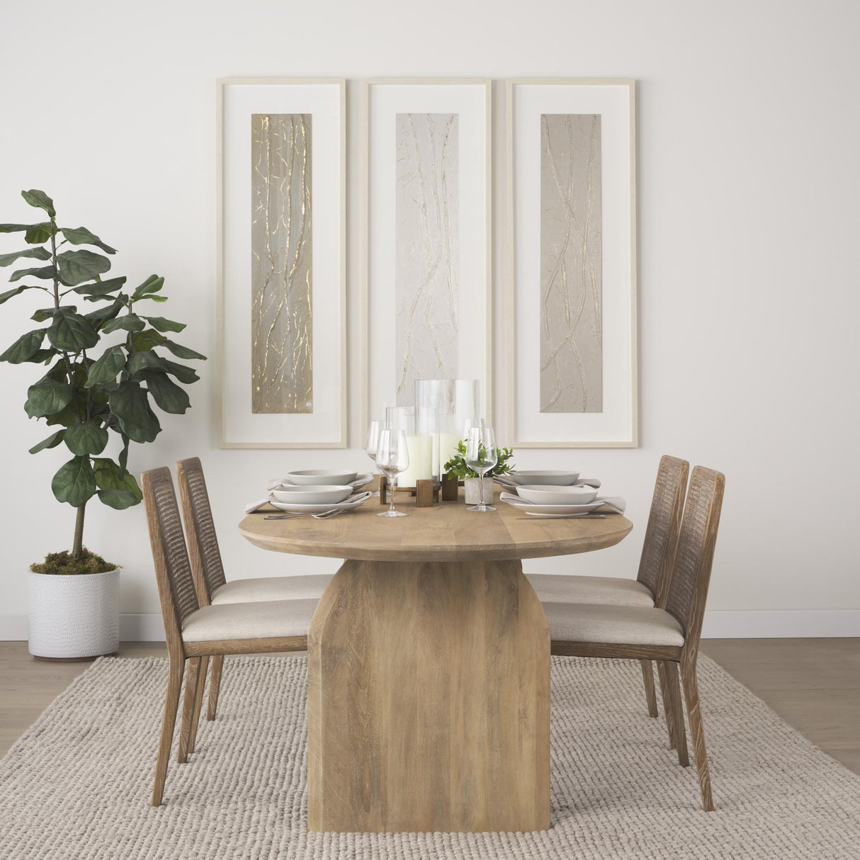 Mercana Clara Light Brown Wood W/ Cream Fabric Seat and Cane Back Armless Dining Chair
