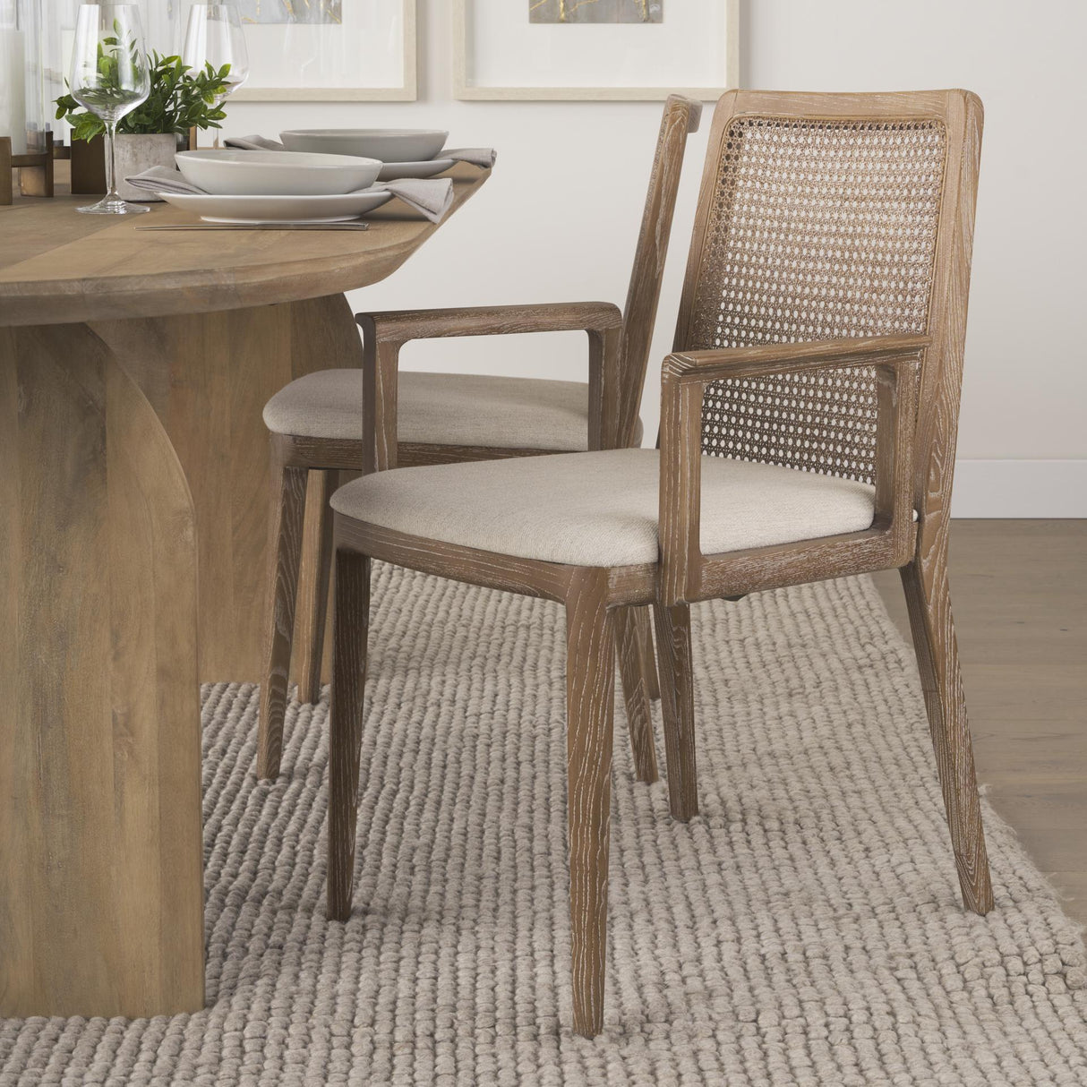Mercana Clara Light Brown Wood W/ Cream Fabric Seat and Cane Back Dining Chair