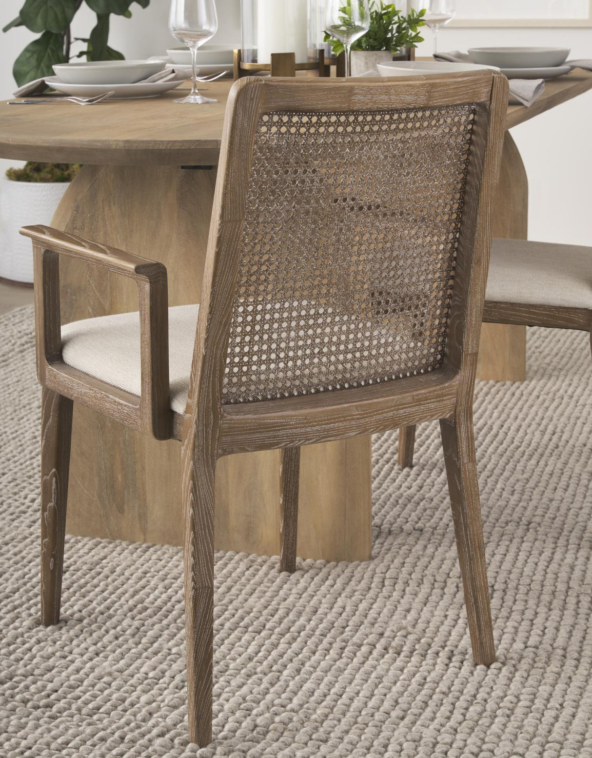 Mercana Clara Light Brown Wood W/ Cream Fabric Seat and Cane Back Dining Chair