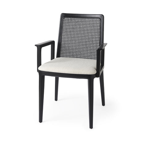 Mercana Clara Black Wood W/ Cream Fabric Seat and Cane Back Dining Chair