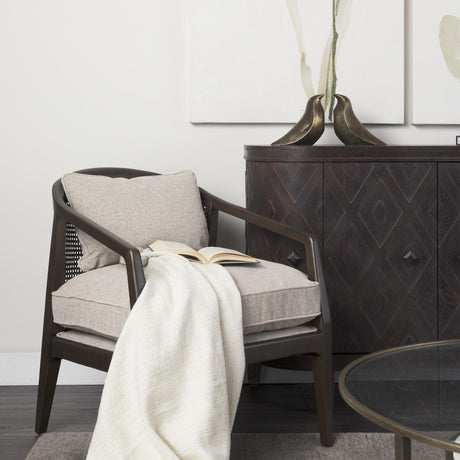 Mercana Landon 25.6L x 29.1W x 30.5H Dark Brown Wood W/ Gray Fabric Seat and Cane Back Accent Chair