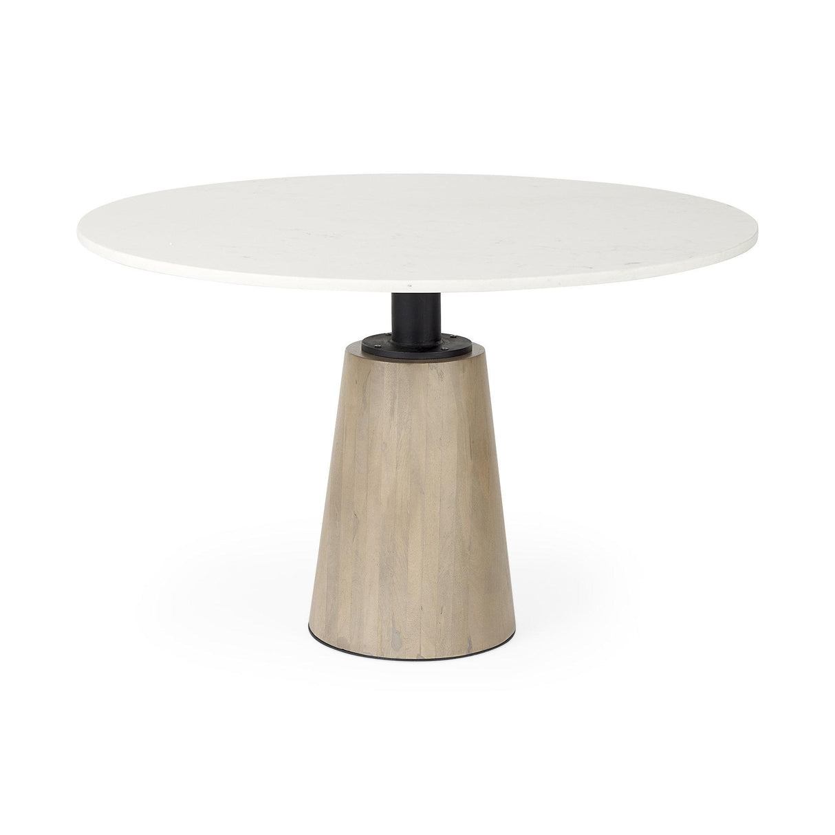 Mercana Maxwell 48L x 48W x 30H White Marble Round Top W/ Black Metal and Wood Pedestal Base Dining Table