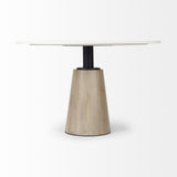 Mercana Maxwell 48L x 48W x 30H White Marble Round Top W/ Black Metal and Wood Pedestal Base Dining Table