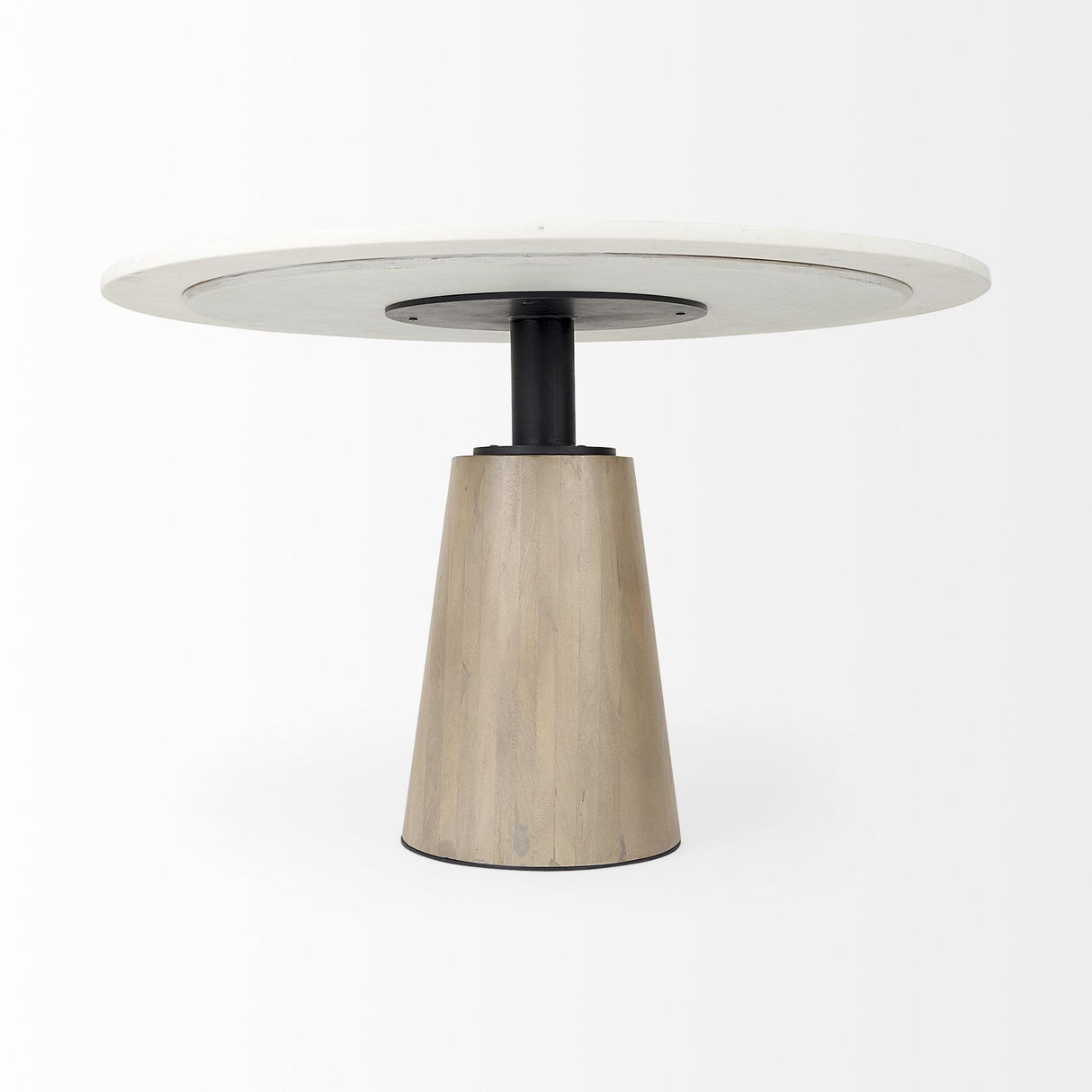 Mercana Maxwell 48L x 48W x 30H White Marble Round Top W/ Black Metal and Wood Pedestal Base Dining Table