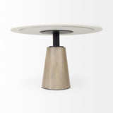 Mercana Maxwell 48L x 48W x 30H White Marble Round Top W/ Black Metal and Wood Pedestal Base Dining Table