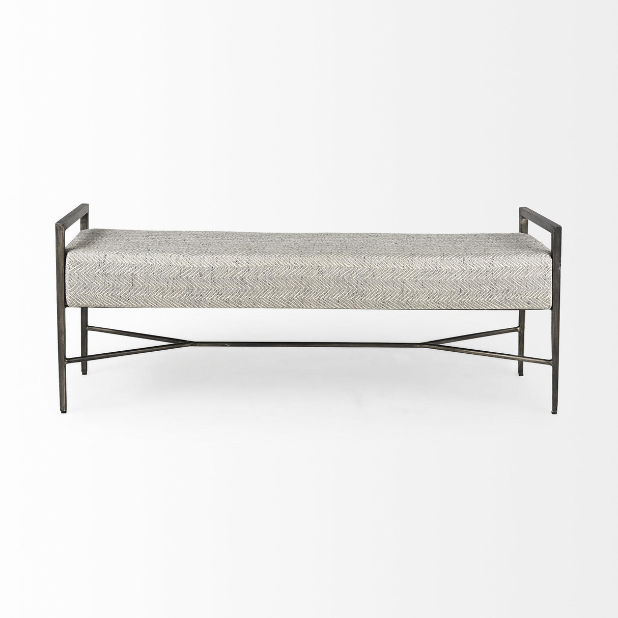Mercana Charlotte 55.0L Gray Herringbone Fabric Seat w/ Antique Nickel Metal Frame Bench