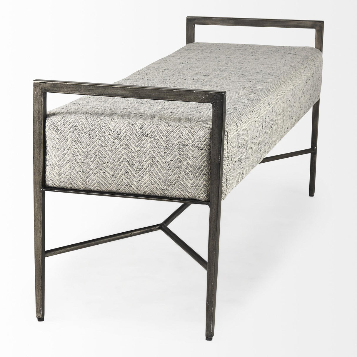 Mercana Charlotte 55.0L Gray Herringbone Fabric Seat w/ Antique Nickel Metal Frame Bench