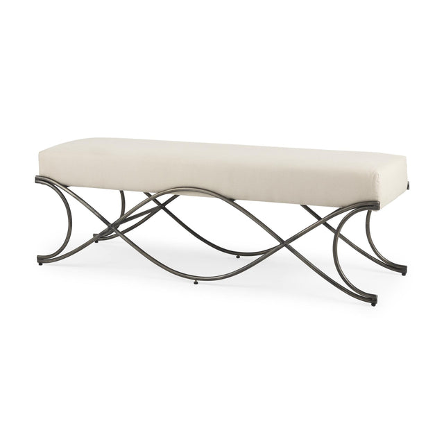 Mercana Ayla 55L x 17.6W x 18H Cream Fabric Seat W/ Antique Nickel Frame Bench