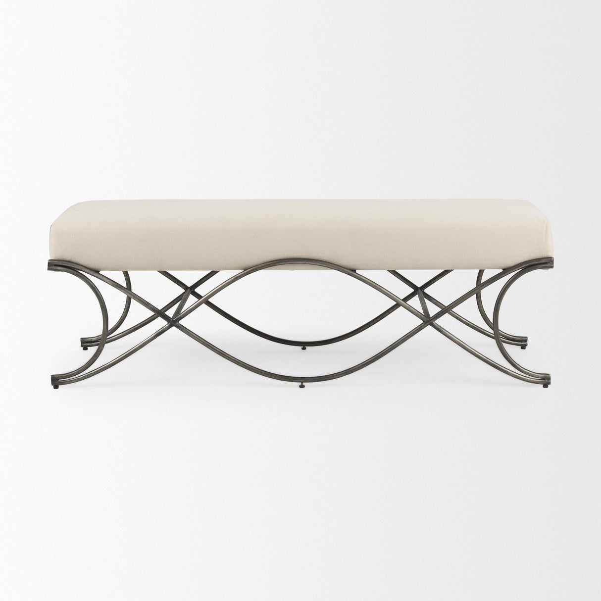 Mercana Ayla 55L x 17.6W x 18H Cream Fabric Seat W/ Antique Nickel Frame Bench
