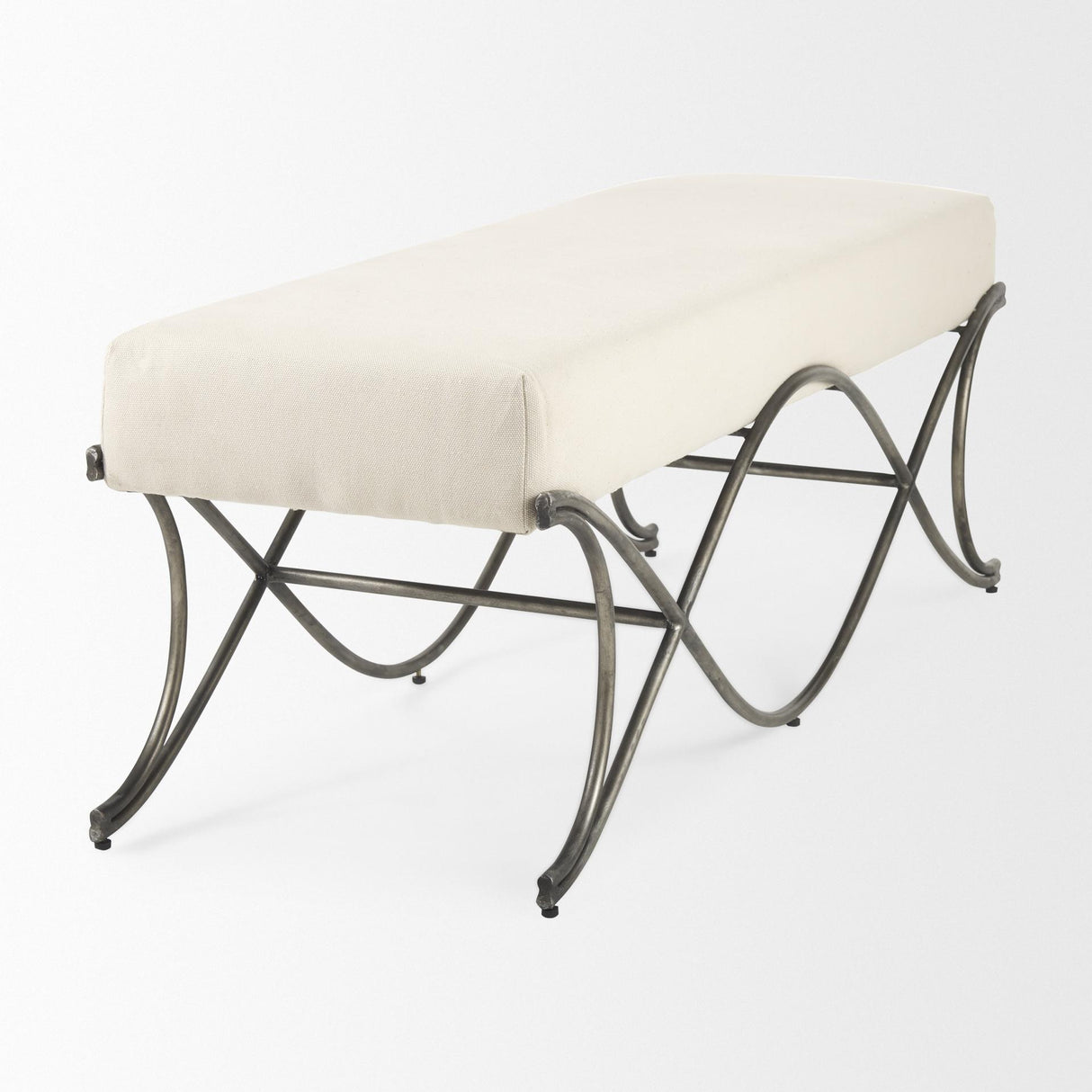 Mercana Ayla 55L x 17.6W x 18H Cream Fabric Seat W/ Antique Nickel Frame Bench