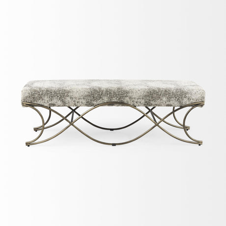 Mercana Ayla 55L x 17.6W x 18H Light and Dark Gray Fabric Seat W/ Antique Gold Metal Frame Bench
