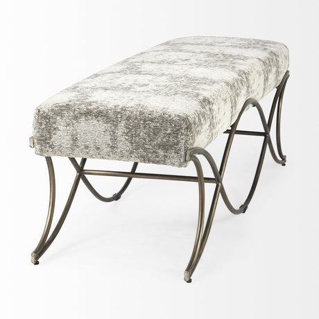 Mercana Ayla 55L x 17.6W x 18H Light and Dark Gray Fabric Seat W/ Antique Gold Metal Frame Bench