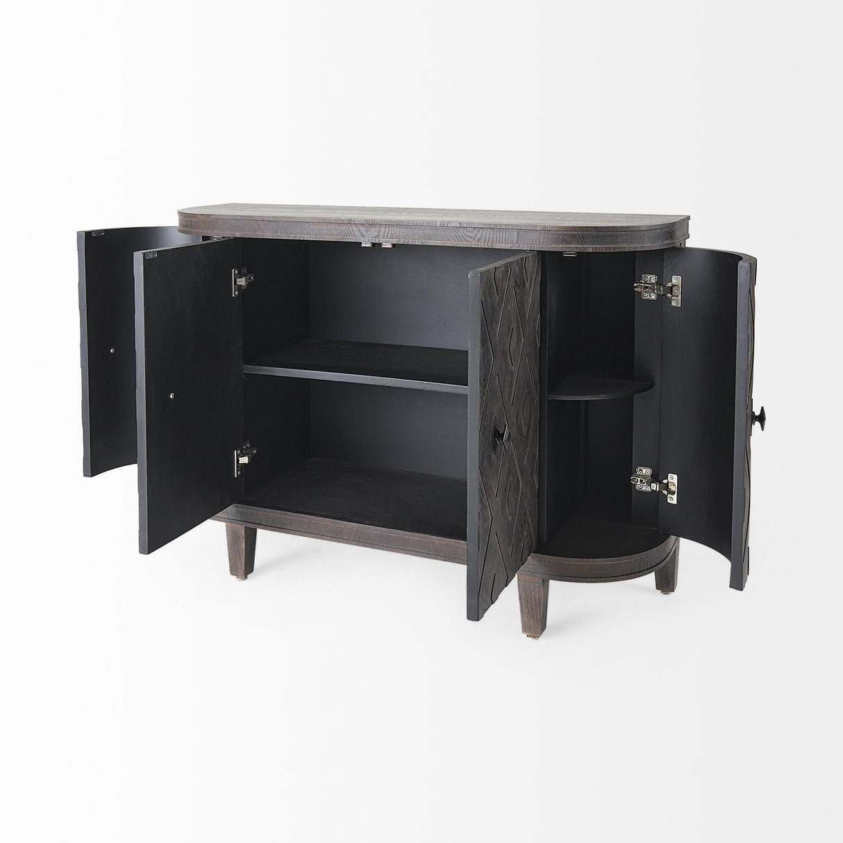 Mercana Lennon 47.2L x 15.0W x 33.1H Dark Brown Fir Veneer 4 Door Demilune Cabinet