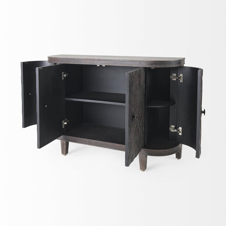 Mercana Lennon 47.2L x 15.0W x 33.1H Dark Brown Fir Veneer 4 Door Demilune Cabinet