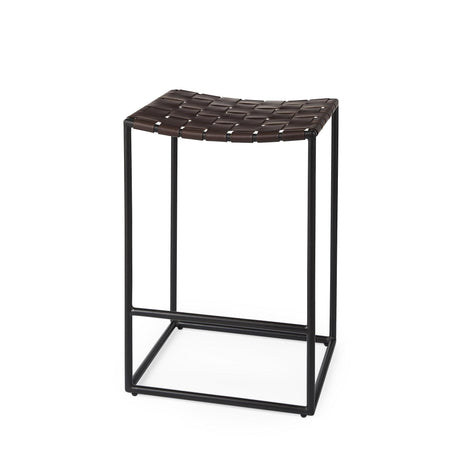 Mercana Clarissa 18.0L x 16.0W x 26.25H Dark Brown Woven Leather Seat W/ Black Iron Frame Counter Stool