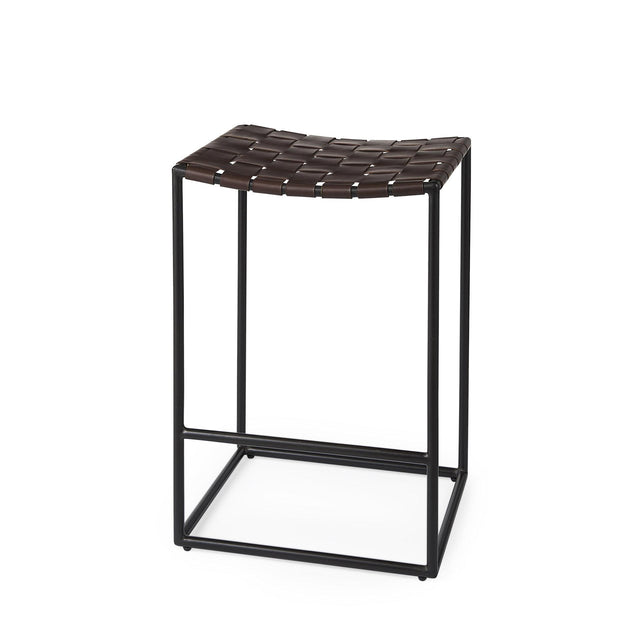 Mercana Clarissa 18.0L x 16.0W x 26.25H Dark Brown Woven Leather Seat W/ Black Iron Frame Counter Stool