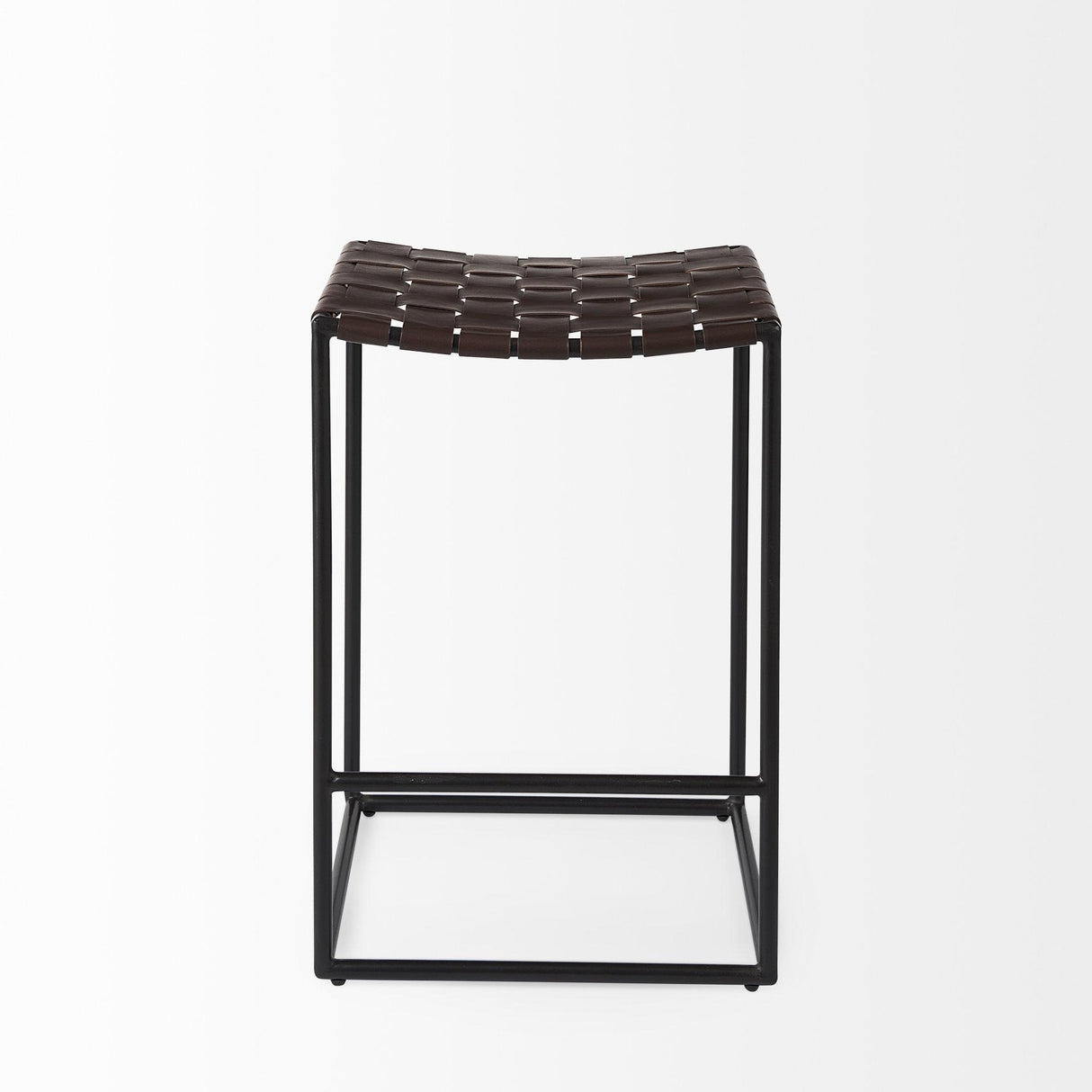 Mercana Clarissa 18.0L x 16.0W x 26.25H Dark Brown Woven Leather Seat W/ Black Iron Frame Counter Stool
