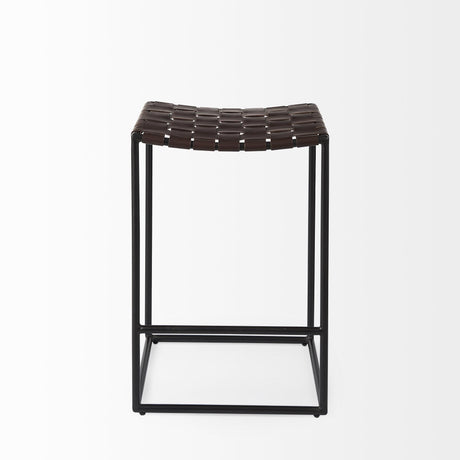 Mercana Clarissa 18.0L x 16.0W x 26.25H Dark Brown Woven Leather Seat W/ Black Iron Frame Counter Stool