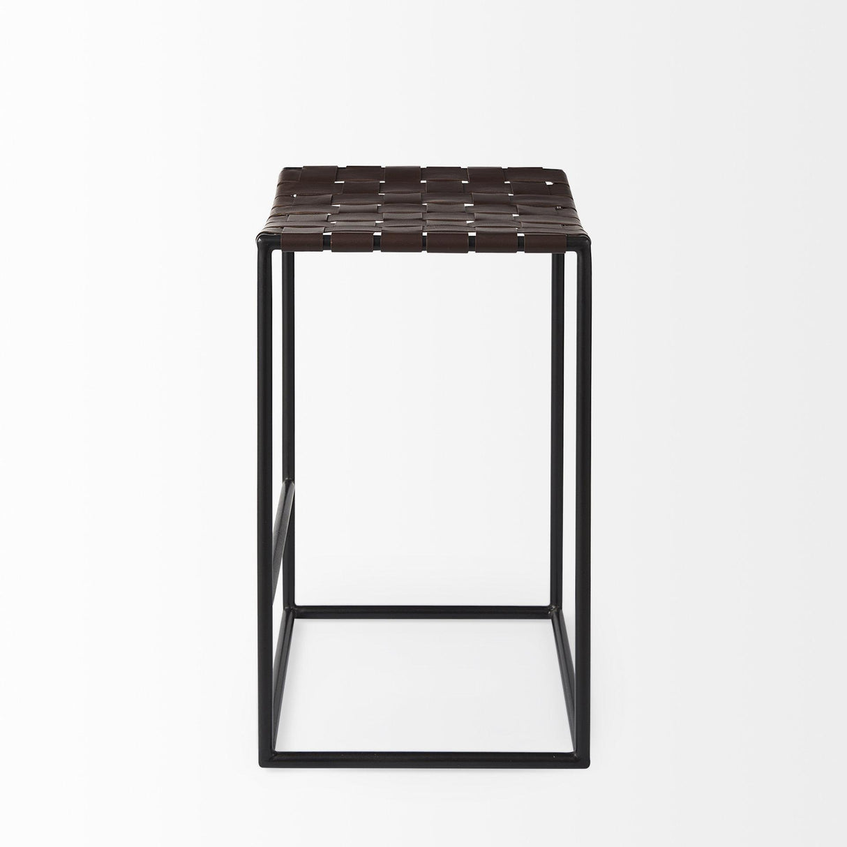 Mercana Clarissa 18.0L x 16.0W x 26.25H Dark Brown Woven Leather Seat W/ Black Iron Frame Counter Stool