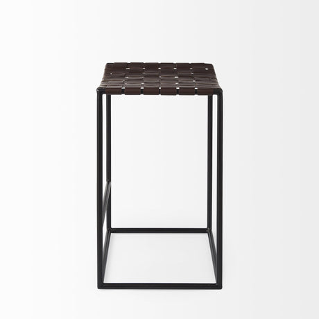 Mercana Clarissa 18.0L x 16.0W x 26.25H Dark Brown Woven Leather Seat W/ Black Iron Frame Counter Stool
