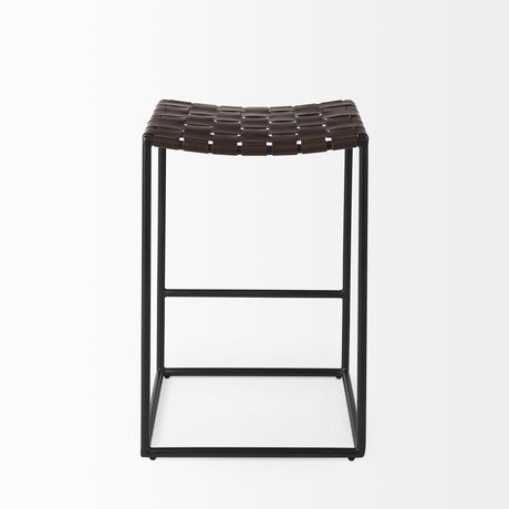 Mercana Clarissa 18.0L x 16.0W x 26.25H Dark Brown Woven Leather Seat W/ Black Iron Frame Counter Stool
