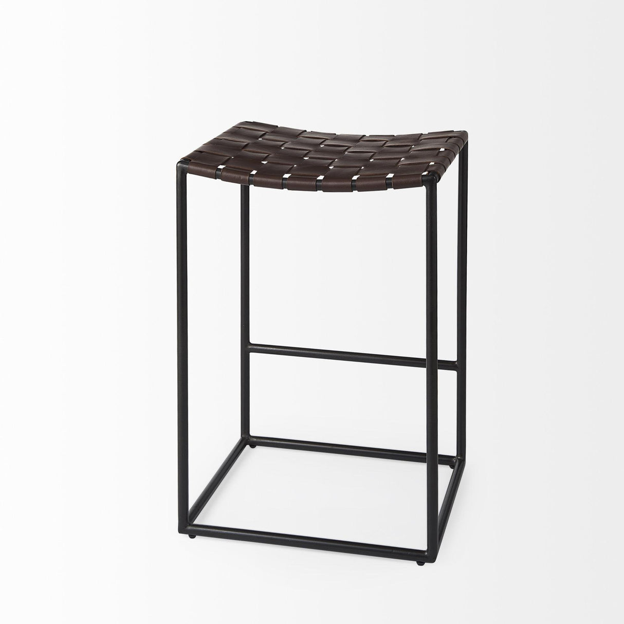 Mercana Clarissa 18.0L x 16.0W x 26.25H Dark Brown Woven Leather Seat W/ Black Iron Frame Counter Stool